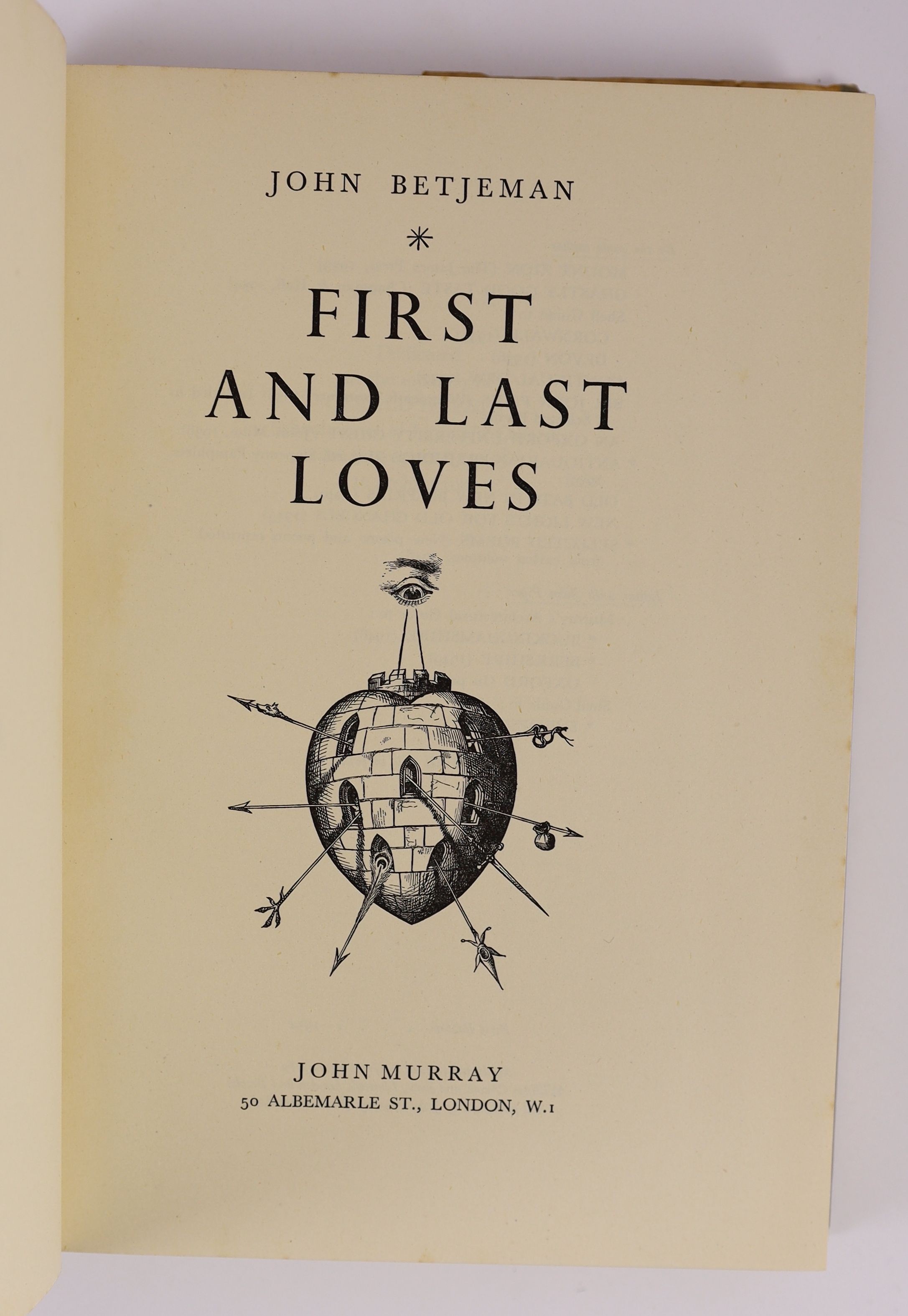 Betjeman, John - 3 works:- Continual Dew, 1st edition, original cloth in unclipped d/j, with price sticker,(8/6 net), John Murray, London, 1937; First and Last Loves, in price clipped d/j, John Murray, London 1952 and Su